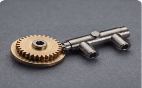 Metal key-shaped tool with a brass gear wheel on one end, resting on a gray surface