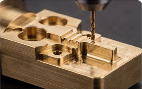 Close-up of a brass workpiece being machined by a drill bit in a milling machine.
