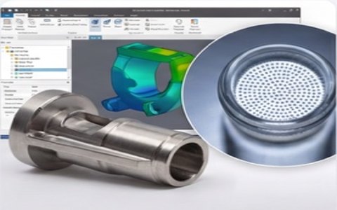 CAD software window displaying a 3D model of mechanical parts: a silver cylindrical connector and a blue-green ring, with a magnified circular metal mesh close-up overlayed